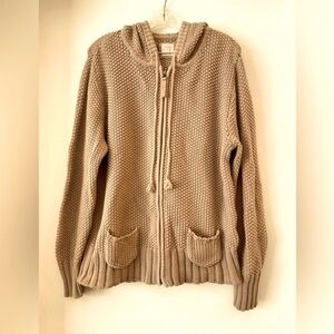 Beige Zip-up Cardigan Sweater with Drawstring Hood